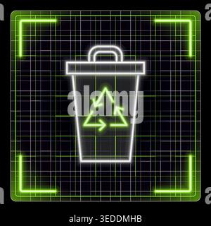 Neon-lit trash bin with recycling symbol. Green grid pattern frames the icon. Modern design glows against dark background Stock Vector
