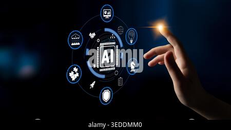 Hand Reaching for Artificial Intelligence Concept with Technology Icons and Digital Interface on Dark Background Quark. Stock Photo