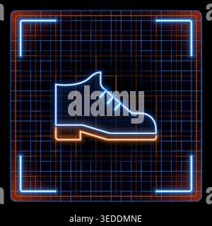 Futuristic neon shoe icon in cyberpunk style. Blue and orange glowing lines highlight shoe shape. Grid background suggests digital or tech theme Stock Vector