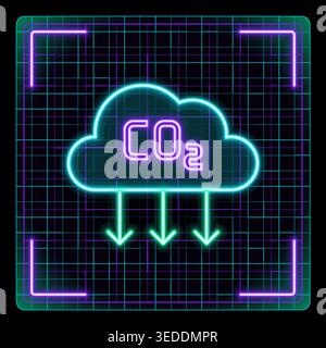 Neon cloud icon with CO2 symbol and downward arrows. Visualizes carbon dioxide reduction concept. Editable strokes graphic style Stock Vector