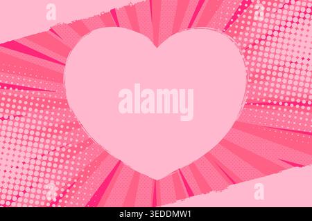 Pink pop art background decorated with color halftone, dots, rays and ripped heart. Vector illustration Stock Vector