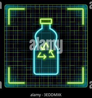 Plastic bottle with recycling symbol icon. Grid lines frame with glowing green edges. Digital neon aesthetic creates a futuristic, eco-conscious feel. Stock Vector