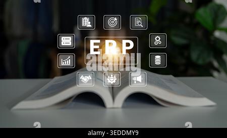 An open book symbolizes knowledge in a modern office. Surrounding icons represent essential ERP concepts, blending business and technology in a Stock Photo