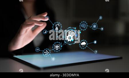 Futuristic Technology Interface with Hand Touching Digital Icons Representing Automation, Data, Cloud Computing, Artificial Intelligence, and Stock Photo