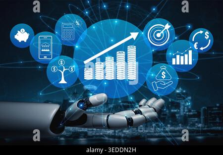 Futuristic Technology Concept on Finance and Investment with Robot Hand, Coins, Charts, and Graphs in a Digital Environment Quark. Stock Photo
