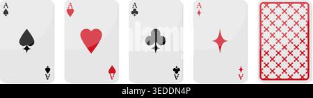 Playing cards design set with back side. Ace of Spades, Hearts, Diamonds and Clubs. Vector illustration Stock Vector