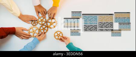 A diverse group of individuals collaborates using gears to symbolize teamwork and technology, showcasing hands engaged in discussion and problem Stock Photo