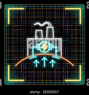Neon icon depicts geothermal energy production. Factory symbol emits power via underground heat. Grid lines frame the glowing illustration Stock Vector