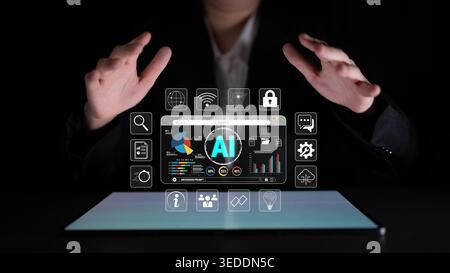 Business Person Interacting with Virtual AI Interface and Digital Data Visualization Tools for Future Technology and Innovation Concepts Quark. Stock Photo