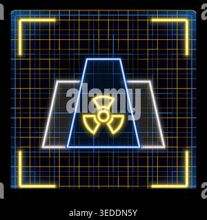 Neon blue and yellow glowing nuclear symbol on grid background. Futuristic cyber style with editable strokes. Suitable for tech, energy Stock Vector