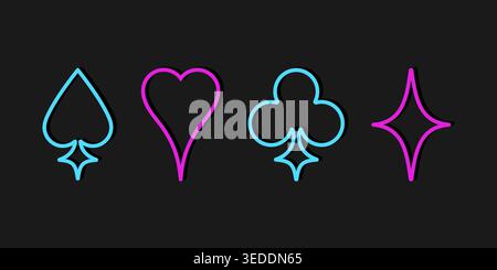Neon outline icons of playing card suits. Spades, Hearts, Diamonds and Clubs symbols. Vector illustration Stock Vector