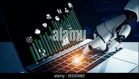 Innovative Robotic Hand Interacting with Laptop Displaying Data Visualization and Analytics in a Modern Digital Environment Quark. Stock Photo