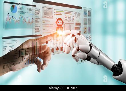 Human and Artificial Intelligence Connection with Data Visualization and Analytics in Modern Technology Environment Fluxor. Stock Photo