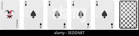 Set of high value playing cards of Spades. Joker, Ace of Spades, Queen, Jack and King. Playing cards design set with back side. Vector illustration Stock Vector