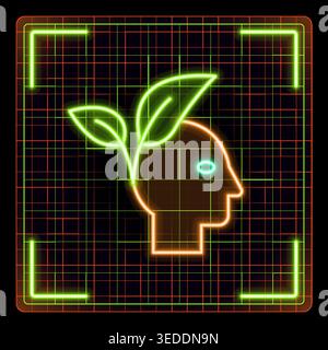 Think green concept illustration. Ideal for eco-tech, mindfulness, or sustainability. Neon glow visual. Stock Vector
