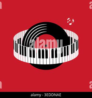 Vinyl record in circle of piano keys. Music icon symbol. Vector illustration Stock Vector