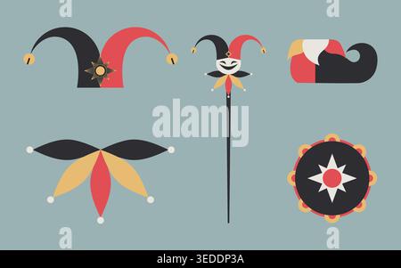 Jester staff elements in flat design. Jesters hat, collar, wand, shoe and tambourine. Vector illustration Stock Vector