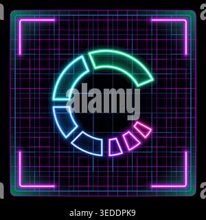 Neon glowing loading circle on digital grid background. Futuristic cyber design with editable strokes. Colorful segmented arc animation style Stock Vector