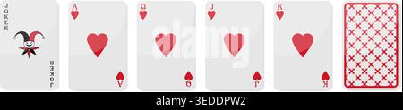 Set of high value playing cards of Hearts. Joker, Ace of Hearts, Queen, Jack and King. Playing cards with back side. Vector illustration Stock Vector