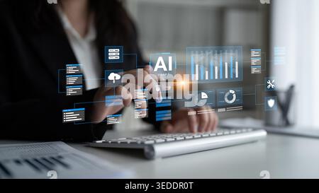 A businesswoman engages with a futuristic virtual data interface showing various graphs and AI elements, representing modern technology and analytics Stock Photo