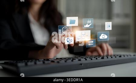 Digital business infrastructure with data system, analytics, sync. System management improves access, system management ensures performance, and Stock Photo