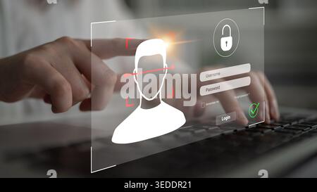 Close-up of hands interacting with a digital interface displaying login fields and security icons, emphasizing modern authentication methods using Stock Photo