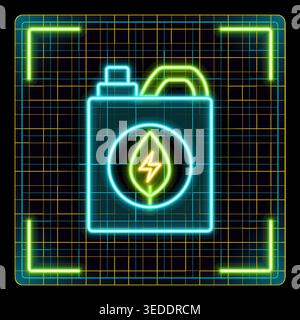 Futuristic fuel canister, also representing bio fuel. Electric leaf symbol pulses with energy inside. Grid pattern frames. Stock Vector