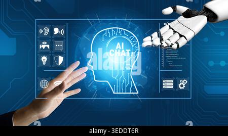 Hands of a human and a robot interact over a digital interface symbolizing AI chat and technology integration in modern communication and innovation Stock Photo