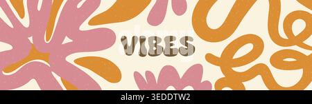 Retro groovy abstract horizontal banner with fluid shape and text Vibes Stock Vector