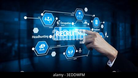 Futuristic digital interface for recruitment showing work opportunities and employee selection. A hand interacts with icons representing modern hiring Stock Photo