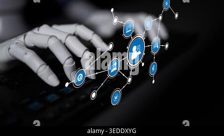 A close-up view of a robotic hand pressing keys on a keyboard, with floating digital communication icons, symbolizing the fusion of technology and Stock Photo