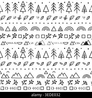 Seamless abstract nature pattern with hand drawn trees, leaves, mountains and geometric elements in black and white minimal style. Stock Vector