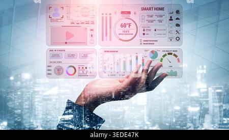 Hand Holding Virtual Smart Home Interface with Data Visualization Over Futuristic City Background Displaying Charts, Graphs, and Home Control Features Stock Photo