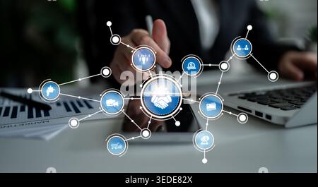 A dynamic image showcasing business networking and collaboration concepts, featuring icons representing communication and partnership in a modern Stock Photo