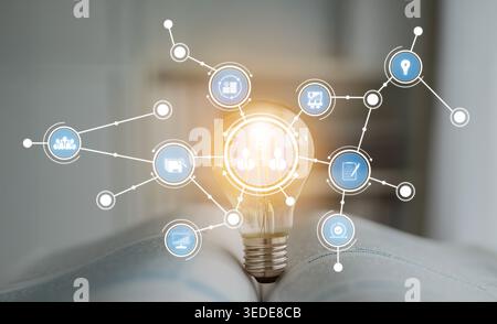 This image illustrates a light bulb surrounded by digital connections, symbolizing the fusion of creativity and technology in education and innovation Stock Photo