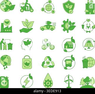 Green Ecology Icons Set. Vector Icons of Eco-technology, Environmental Protection, Industrial Ecology, Nature Conservation, Ecological City, and More Stock Vector