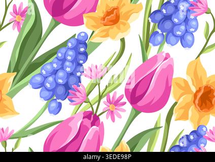 Seamless pattern with flowers. Spring muscari, tulip and narcissus. Stock Vector