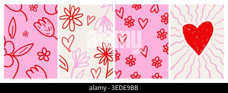 Cute valentine love illustration set with hand drawn hearts and floral doodle patterns in pink background for greeting card and romantic design Stock Vector