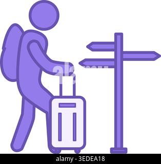 Colored Tourism Icon. Vector Icon of a Man with a Backpack and a Travel Bag Looking at the Road Signs. Travel and Vacation Concept Stock Vector