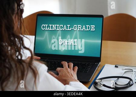 clinical-grade GenAI. Artificial intelligence and medicine concept. Health professional woman typing on her laptop. Stock Photo
