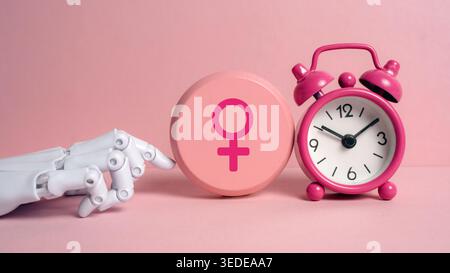 Robot hand interacting with a female gender symbol and an alarm clock illustrating the role of artificial intelligence in women health. Stock Photo