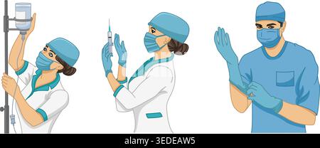 Set of Nurses and Doctor. The Doctor is Preparing for the Operation, the Nurses Are Making an Injection and Preparing an IV. Medical Team Concept. Stock Vector