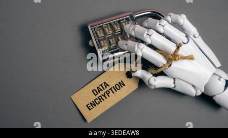 Robotic hand interacting with a silver combination padlock and a data encryption tag on a grey background for cyber security and privacy concepts. Stock Photo