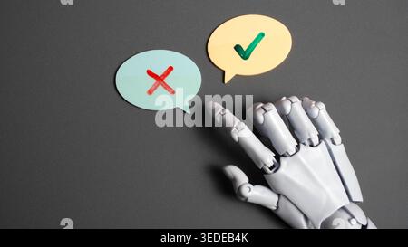 Robot Hand Pointing to Speech Bubbles with Check Mark and Cross Symbols Representing Artificial Intelligence Decision Making and Feedback Stock Photo
