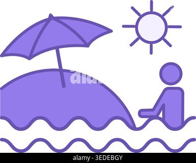 Colored Summer Icon. Vector Icon of Tourist Bathing in the Sea, Beach, Beach Umbrella, and Sun. Travel and Vacation Concept Stock Vector