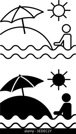 Summer icons. Black and White Vector Icons. Tourist Swims in the Sea, Beach, Beach Umbrella, and Sun. Travel and Vacation Concept Stock Vector
