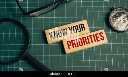 Know Your Priorities Text on Wooden Blocks with Compass Magnifying Glass and Eyeglasses on Green Cutting Mat Stock Photo