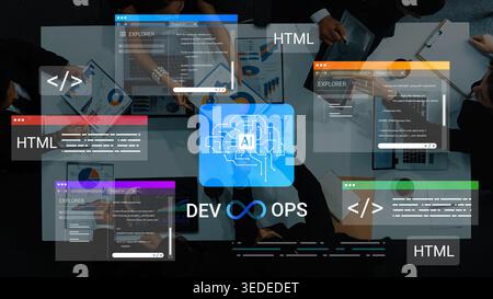 Aerial View of Business Team Collaborating on AI Development and Operations with Technology and Software Charts in Modern Office Environment Gluon. Stock Photo