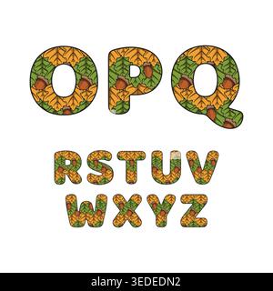 Font, letters O to Z made from oak leaves and acorns. Isolated vector objects on white background. Stock Vector