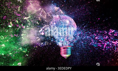 Real Light bulb shattering black background Stock Photo